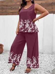 SHEIN LUNE Plus Plants Print Tank Top & Wide Leg Trousers - Maroon - View 6