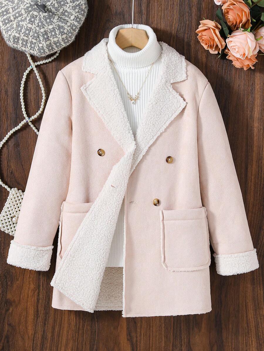 SHEIN 女大童1入組雙口袋雙排釦毛絨內襯外套