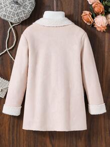 SHEIN 女大童1入組雙口袋雙排釦毛絨內襯外套