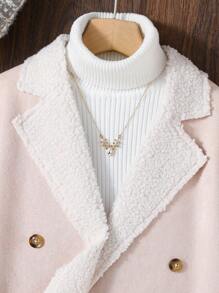 SHEIN 女大童1入組雙口袋雙排釦毛絨內襯外套