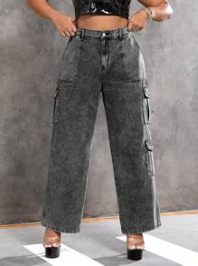 SHEIN ICON Hơn Cao eo Túi nắp bên cạnh Quần jean chở hàng - Xám - Xem 1