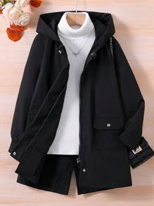 SHEIN Cô gái Tween 1 Miếng Túi có nắp Dây kéo Cúc bấm Áo trùm đầu - màu đen - Xem 1