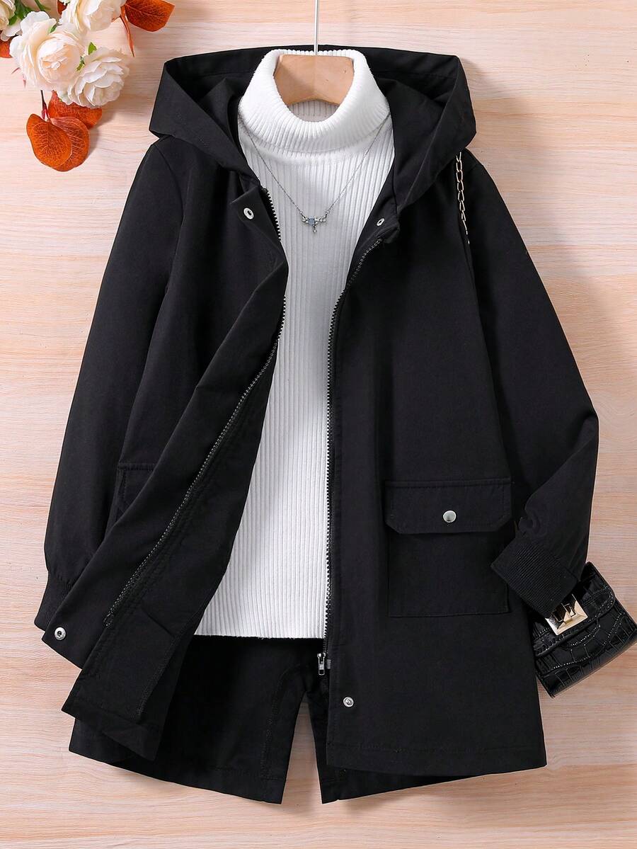 SHEIN Cô gái Tween 1 Miếng Túi có nắp Dây kéo Cúc bấm Áo trùm đầu - màu đen - Xem 1