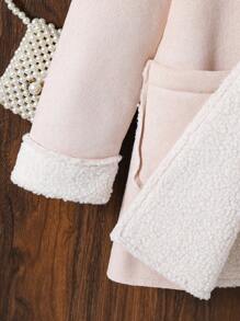 SHEIN 女大童1入組雙口袋雙排釦毛絨內襯外套