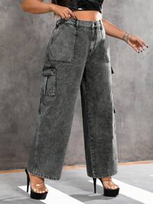 SHEIN ICON Hơn Cao eo Túi nắp bên cạnh Quần jean chở hàng - Xám - Xem 3