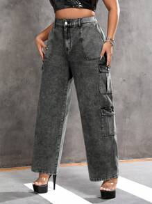 SHEIN ICON Hơn Cao eo Túi nắp bên cạnh Quần jean chở hàng - Xám - Xem 5