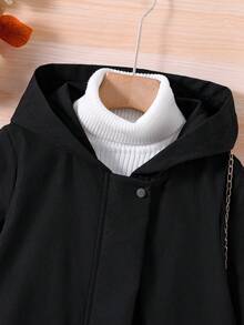 SHEIN Cô gái Tween 1 Miếng Túi có nắp Dây kéo Cúc bấm Áo trùm đầu - màu đen - Xem 3