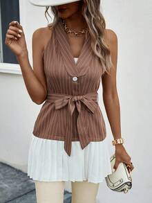 SHEIN Clasi 雙色百褶下擺腰帶馬甲西裝外套 - 棕色 - 查看 3