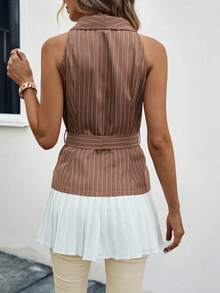 SHEIN Clasi 雙色百褶下擺腰帶馬甲西裝外套 - 棕色 - 查看 4