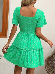 SHEIN VCAY 碎花方領荷葉邊洋裝 - 綠色 - 查看 2
