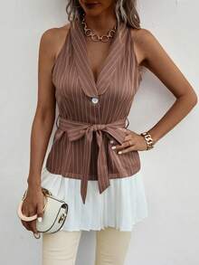 SHEIN Clasi 雙色百褶下擺腰帶馬甲西裝外套 - 棕色 - 查看 6