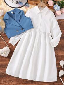 SHEIN 女大童喇叭袖襯衫連衣裙&雙排釦夾克背心 - 藍白色 - 查看 1
