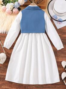 SHEIN 女大童喇叭袖襯衫連衣裙&雙排釦夾克背心 - 藍白色 - 查看 2