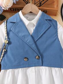 SHEIN 女大童喇叭袖襯衫連衣裙&雙排釦夾克背心 - 藍白色 - 查看 5