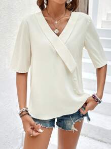 SHEIN VCAY Blusas de Mujer Botón Envolvente Liso Casual - Albaricoque - Ver 6