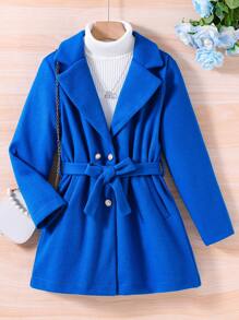 SHEIN Tween Girl 1pc Double Breasted Overcoat - Blue - View 1