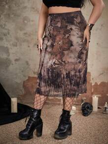 ROMWE Goth Plus Floral Graphic Mesh Skirt - Multicolor - View 5