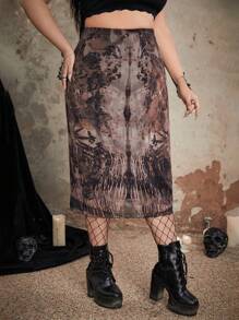 ROMWE Goth Plus Floral Graphic Mesh Skirt - Multicolor - View 6