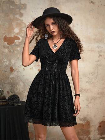 Goth Floral Jacquard Lace Up Front Dress