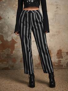ROMWE Goth Striped Print Straight Leg Trousers - Black and White - View 1