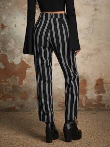 ROMWE Goth Striped Print Straight Leg Trousers - Black and White - View 2