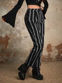 ROMWE Goth Striped Print Straight Leg Trousers - Black and White - View 3