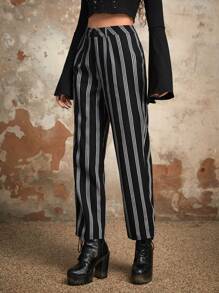 ROMWE Goth Striped Print Straight Leg Trousers - Black and White - View 5