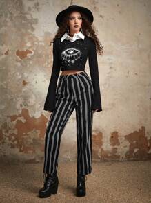 ROMWE Goth Striped Print Straight Leg Trousers - Black and White - View 6