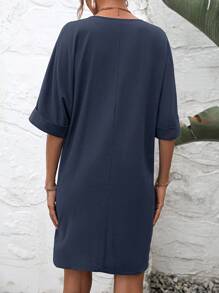 SHEIN LUNE Notched Neck Batwing Sleeve Tunic Dress - Navy Blue - View 2