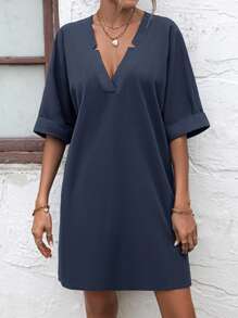 SHEIN LUNE Notched Neck Batwing Sleeve Tunic Dress - Navy Blue - View 4