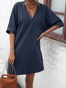 SHEIN LUNE Notched Neck Batwing Sleeve Tunic Dress - Navy Blue - View 7