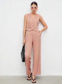 BizChic Chaleco con botones delanteros y pantalones para otoño/invierno - Rosa vieja - Ver 1