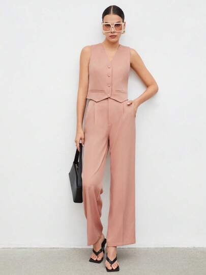 BizChic 秋冬纯色纽扣前背心西装外套和裤子