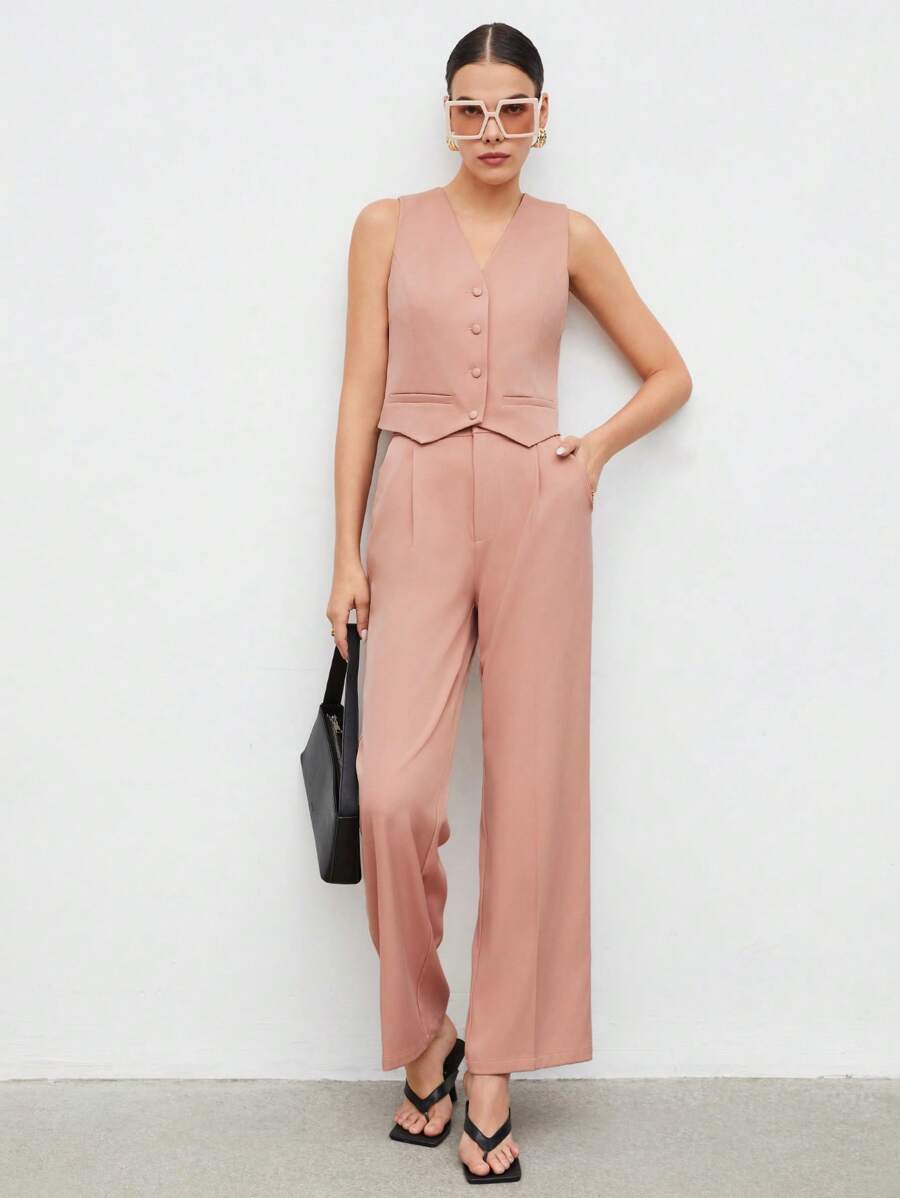 BizChic Chaleco con botones delanteros y pantalones para otoño/invierno - Rosa vieja - Ver 1