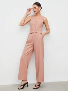 BizChic Chaleco con botones delanteros y pantalones para otoño/invierno - Rosa vieja - Ver 3