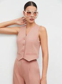 BizChic Chaleco con botones delanteros y pantalones para otoño/invierno - Rosa vieja - Ver 6