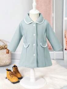 Baby Girl Contrast Binding Flap Detail Button Up Coat - Green - View 1