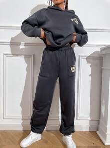 SHEIN Unity Bộ 2 món áo hoodie dài tay hở vai in khẩu hiệu dành cho nữ và quần nỉ thường ngày - Xám - Xem 1