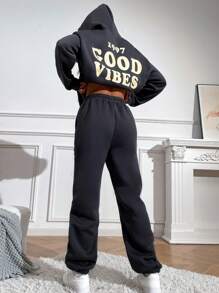 SHEIN Unity Bộ 2 món áo hoodie dài tay hở vai in khẩu hiệu dành cho nữ và quần nỉ thường ngày - Xám - Xem 4