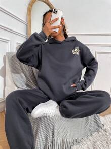 SHEIN Unity Bộ 2 món áo hoodie dài tay hở vai in khẩu hiệu dành cho nữ và quần nỉ thường ngày - Xám - Xem 6