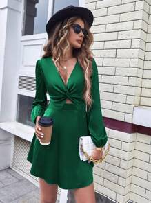 SHEIN Privé 前扭結鏤空燈籠袖連衣裙