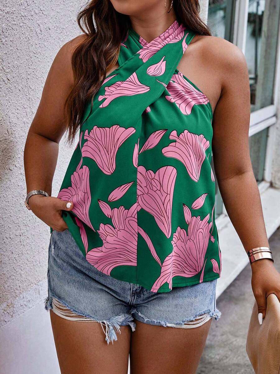 SHEIN Holidaya 大碼印花交叉襯衫 - 綠色 - 查看 1