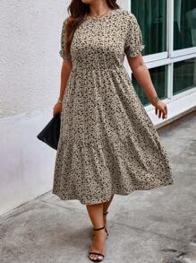 SHEIN Holidaya Plus Ditsy Floral Print Ruffle Hem Dress - Apricot - View 5