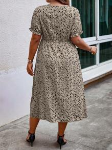 SHEIN Holidaya Plus Ditsy Floral Print Ruffle Hem Dress - Apricot - View 2