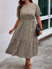 SHEIN Holidaya Plus Ditsy Floral Print Ruffle Hem Dress - Apricot - View 4