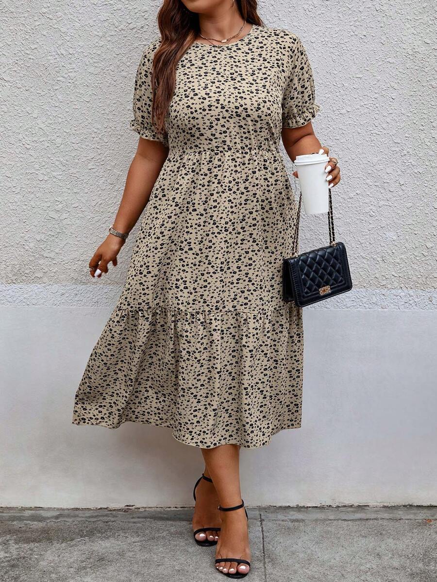 SHEIN Holidaya Plus Ditsy Floral Print Ruffle Hem Dress - Apricot - View 1