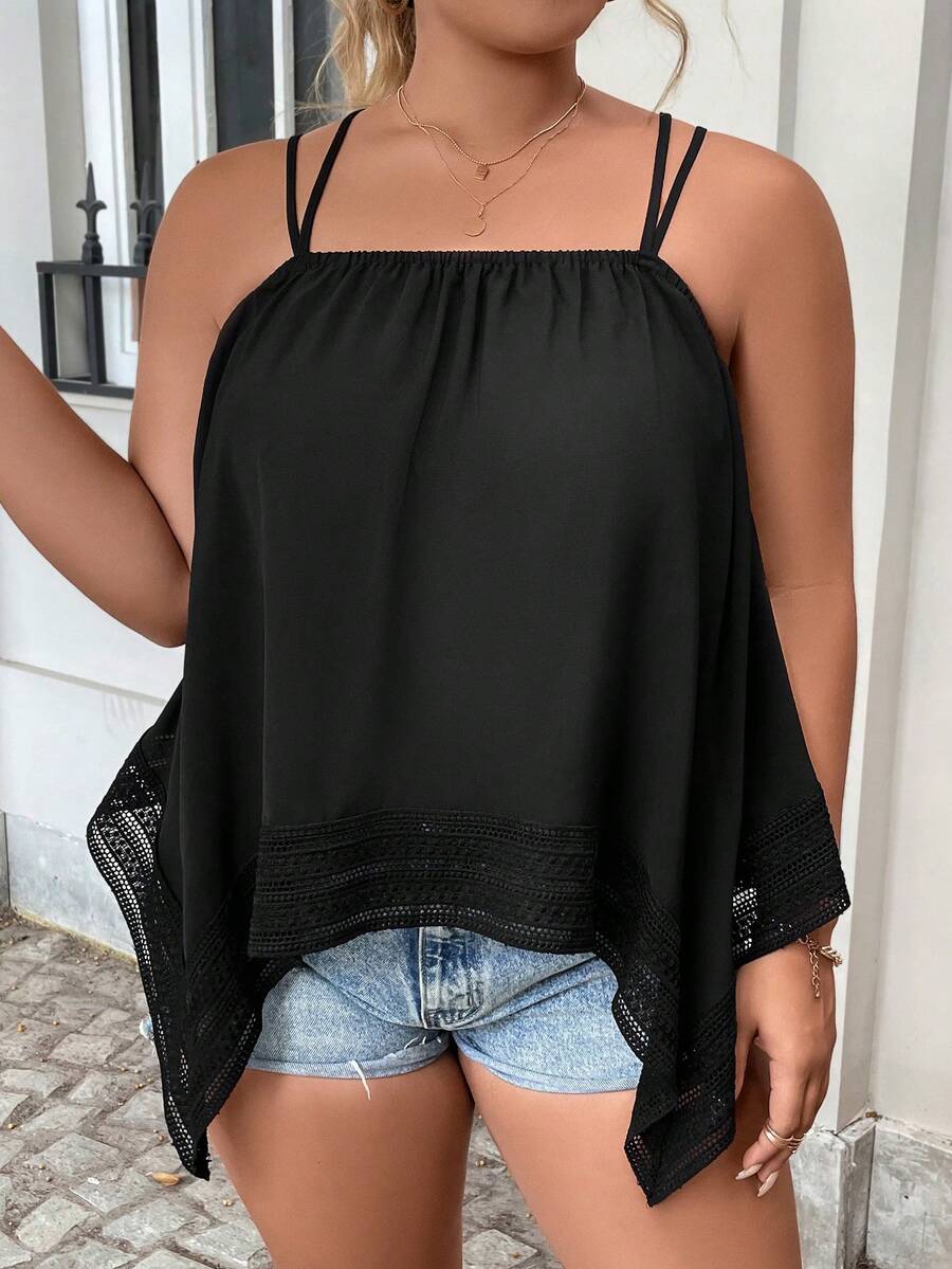 Celure Plus Contrast Lace Hanky Hem Cami Top - Black - View 1