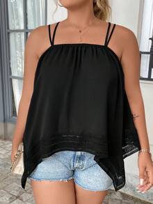 Celure Plus Contrast Lace Hanky Hem Cami Top - Black - View 3