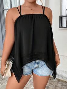 Celure Plus Contrast Lace Hanky Hem Cami Top - Black - View 4