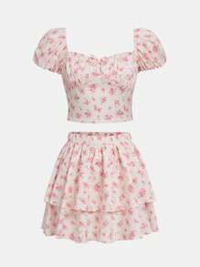 SHEIN 青少年女孩碎花泡泡袖短款上衣&二層下擺半身裙